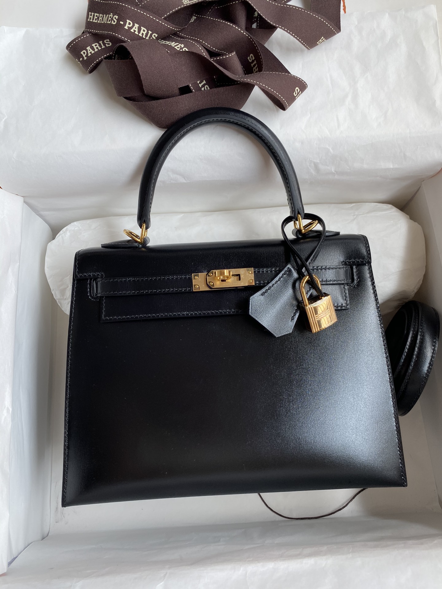 Hermes Kelly 25cm Handbag Shoulder Bag in Black Box Leather